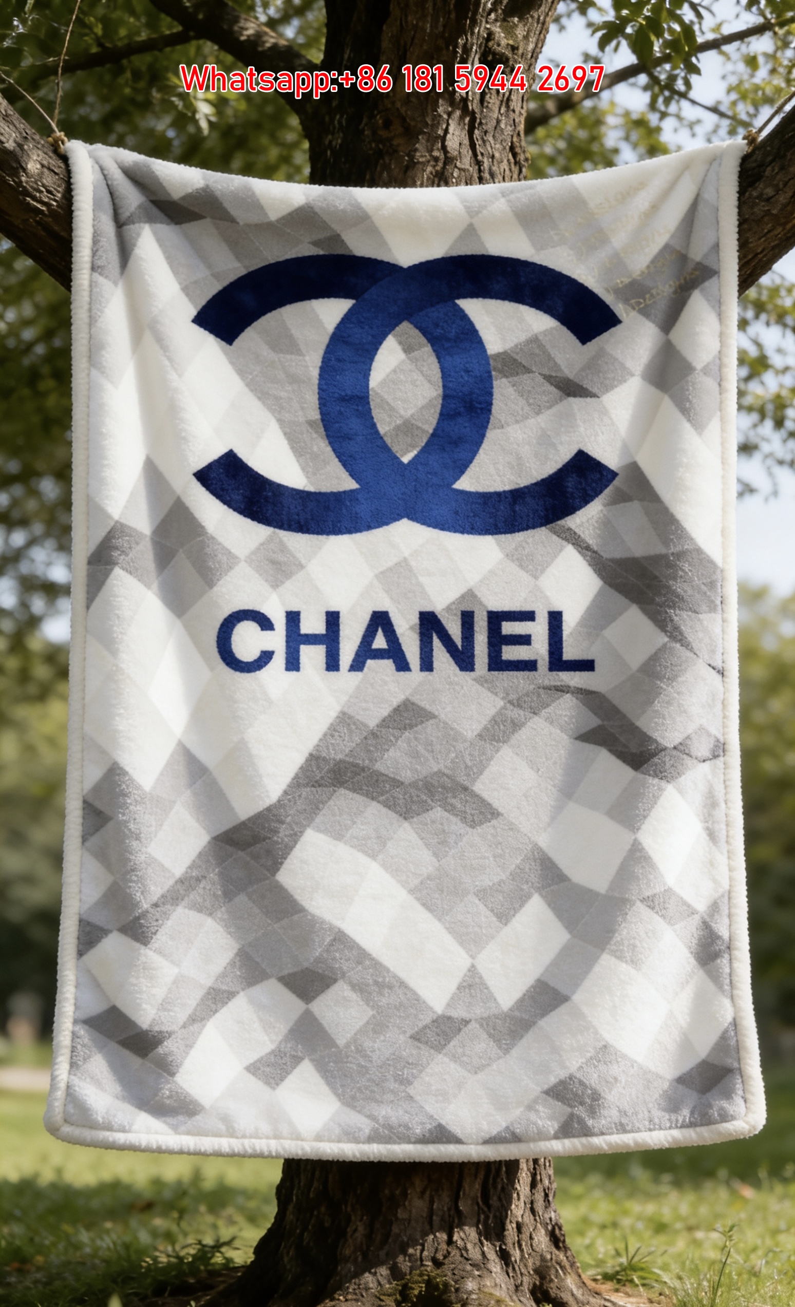 Chanel Blue Silver Print Flannel Throw Blanket IMG_6897